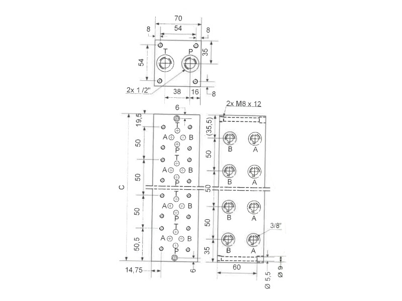 Kompaktanschlussplatte Aluminium NG 06 Anzahl der Ventilplätze: 4