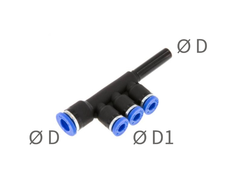 T-Mehrfachverteiler mit 3 Abgängen und Stecknippel IQS-Standard