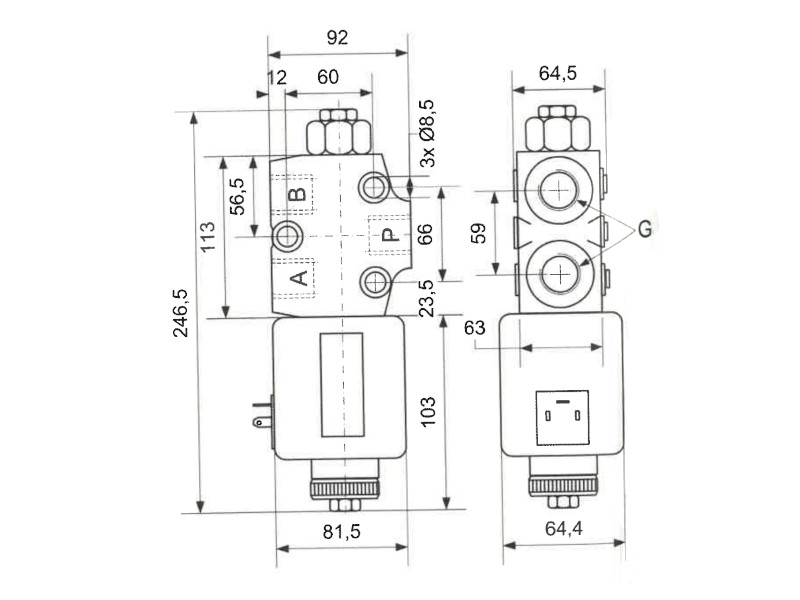 3/2-Wege Eletromagnetventil 230 DC Durchfluss 90 l/min IG G 1/2" (Preis auf Anfrage)